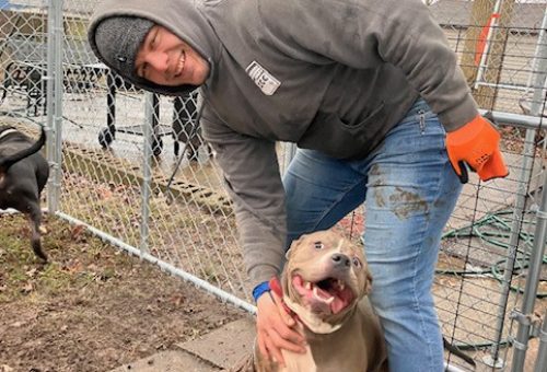 A man happily pets a smiling dog in a yard.